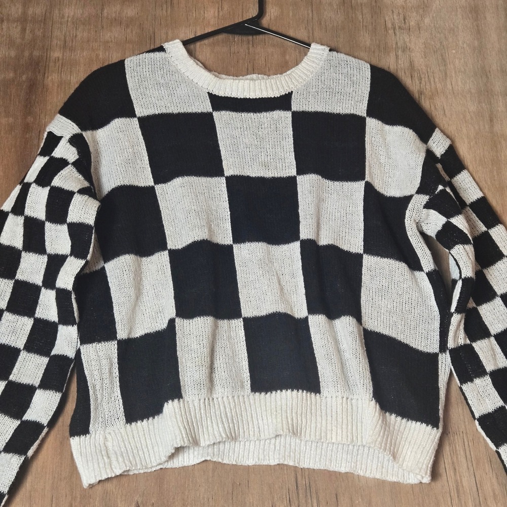 Black White Checkerboard Knit Sweater XL Long Sleeve Pullover Skate Alternative